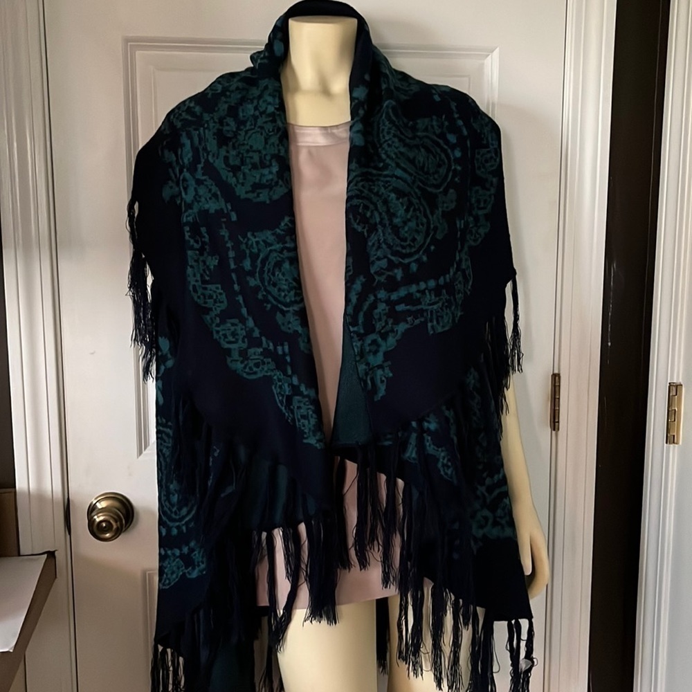 𝅺catherine’s Fringed Navy Teal Shawl Shrug Cape OS